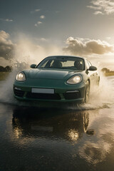High Performance Car Driving Through Water Splash Luxury Sports Vehicle on Wet Road