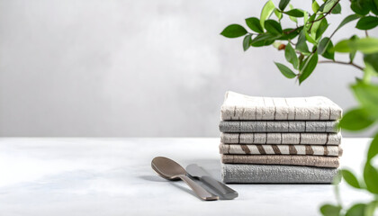 Stack of kitchen towels with cutlery on marble surface