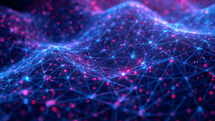 Modern abstract technology background with luminous blue and magenta geometric grid lines, symbolizing innovation, data flow, and futuristic design.