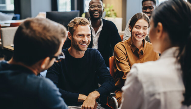 Group of coworkers sharing laughter and positive energy in modern office, close interaction, teamwork, diverse colleagues, casual clothing, friendly atmosphere, candid moment