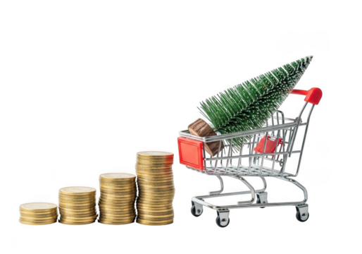 Miniature shopping cart filled with a christmas tree and coins, next to stacks of gold coins, symbolizing holiday shopping and savings, isolated on transparent background