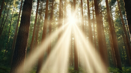 Obraz premium Sunlight filtering through tall trees creates serene atmosphere in dense forest