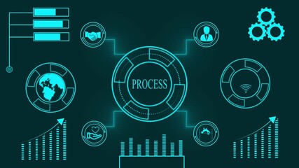 Business process diagram with icons for global connection collaboration and growth in cyan on dark background - Powered by Adobe