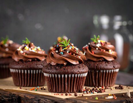 Close-up of four chocolate cupcakes with rich frosting and colorful sprinkles, adorned with sprigs of herbs on a wooden surface