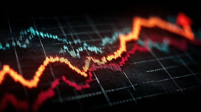 Financial graph with red orange and blue lines on a grid background. - Powered by Adobe