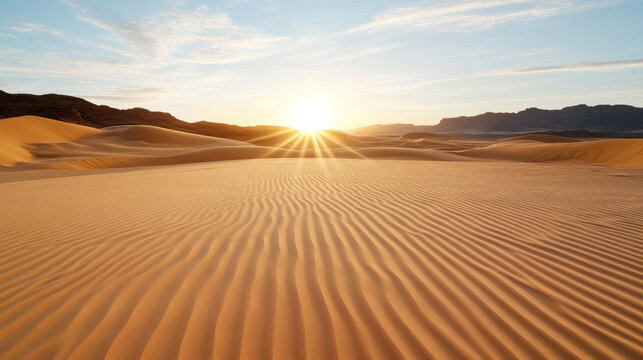 Endless dunes bathed in sunlight create peaceful desert landscape at sunset