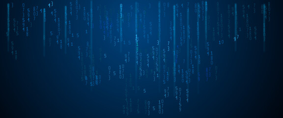 Vector blue glowing binary code rain background. Binary rain concept. Abstract digital Data Cyber security.