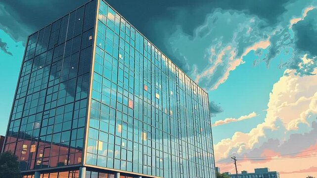 Modern office building with glass facade reflecting the sky provides stunning architectural visuals for corporate branding and urban development projects