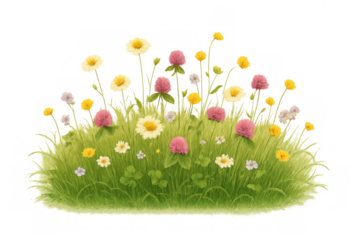 Summer meadow scene with vibrant wildflowers, fresh green grass, and blooming clover on a transparent background