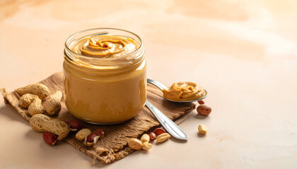 Jar of creamy peanut butter with peanuts