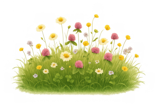 Summer meadow scene with vibrant wildflowers, fresh green grass, and blooming clover on a transparent background