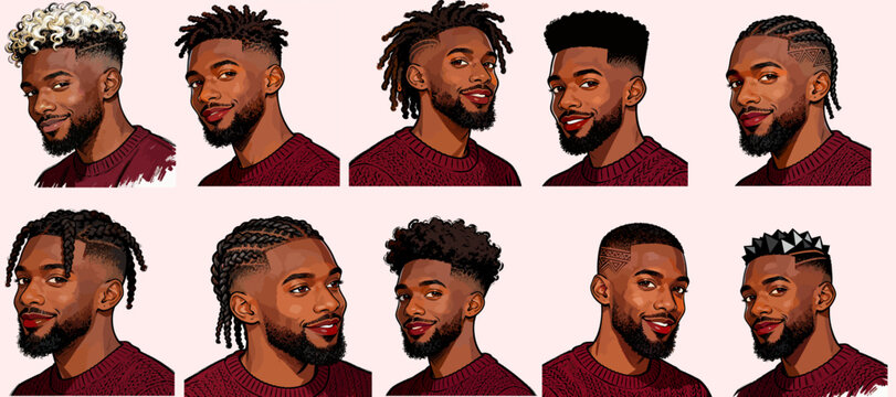 Vector illustration set of a handsome Black man with a variety of modern, stylish haircuts including braids, fades, twists, and dreadlocks. Character portraits for a barbershop or salon