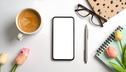 Smartphone on desk with flowers and coffee