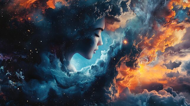 A woman's face is formed in the clouds, with a starry night sky behind her and a fiery sunset in front.