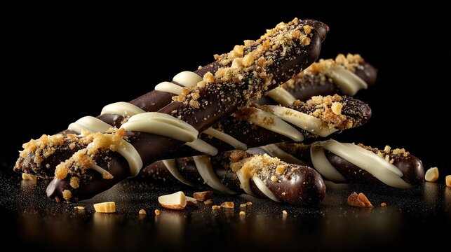 Studio macro photography of chocolate Pepero sticks with layered textures