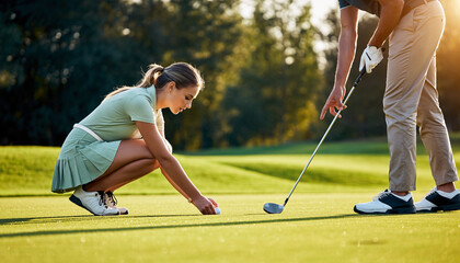 Young female golfer concentrating crouching on green grass golf course placing golf ball side view close up sunlight outdoor teamwork calm focused summer sport elegant style