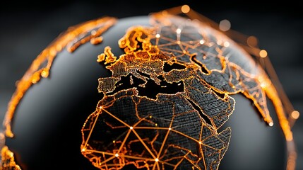 Globe with glowing network connections over continents against a dark background.