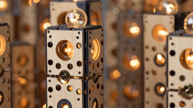 Macro shot futuristic thin modular candle hardware system on natural wood, high end modern holiday styling, modern hanukkah home decor