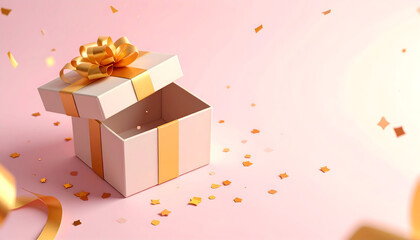 Open gift box with golden ribbon on pink background