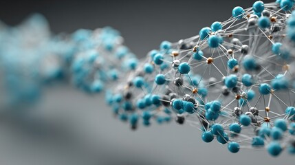 Abstract interconnected spheres and lines form a complex network against a blurred background.