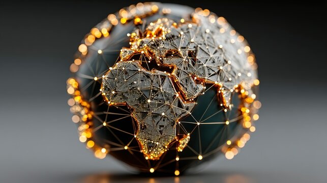 Globe with network connections showing continents africa europe and asia on dark background.