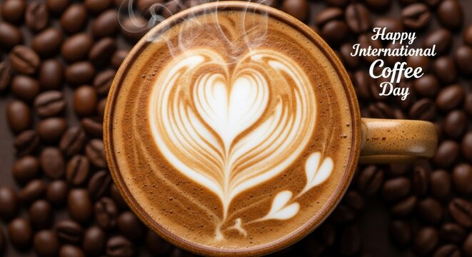 A cup of coffee with latte art in the shape of a heart, surrounded by coffee beans.