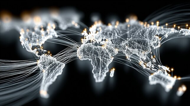 Abstract world map with glowing connections on a dark background.
