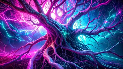 A vibrant, glowing tree with roots and branches illuminated in neon pink and electric blue against a dark, abstract background, creating a mystical energy. - Powered by Adobe