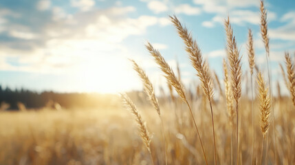 Fototapeta premium Golden wheat sways gently in sunlight, creating serene and peaceful atmosphere