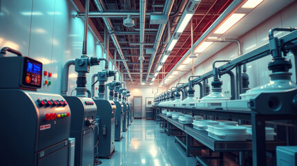 Fototapeta premium Modern yogurt production line with automated machinery in industrial dairy factory