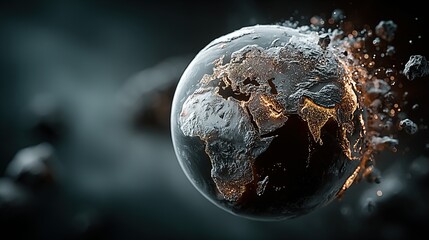 Earth globe disintegrating with debris and smoke against a blurred dark background.