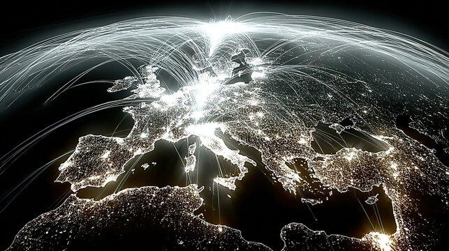 Europe continent illuminated at night with glowing lines suggesting connections or networks.