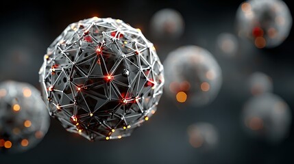 Abstract polygonal spheres with red light points in a dark blurred background.