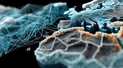 Abstract digital rendering of continents with interconnected network lines on black background.