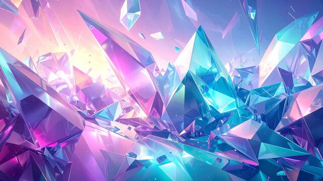 Vibrant abstract background featuring numerous sparkling geometric crystals in shades of blue, purple, and pink, creating a dazzling light effect.