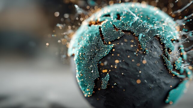 Globe disintegrating with particles flying off against a blurred background.