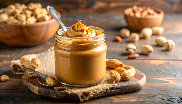 Jar of creamy peanut butter with nuts