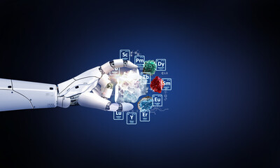 white robot hand hold rare earth stone