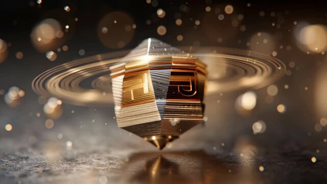 A gold sphere with a gold cube on top of it. Macro shot dreidel mid spin with physics sense weight and momentum, modern cinematic scientific visualization, dreidel game