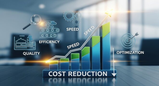 A graph with arrows pointing upwards, representing cost reduction over time.