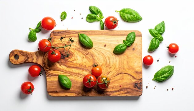 Fresh Ripe Cherry Tomatoes and Green Basil Leaves Arranged on a Rustic Wooden Cutting Board with a White Background in Soft Natural Light