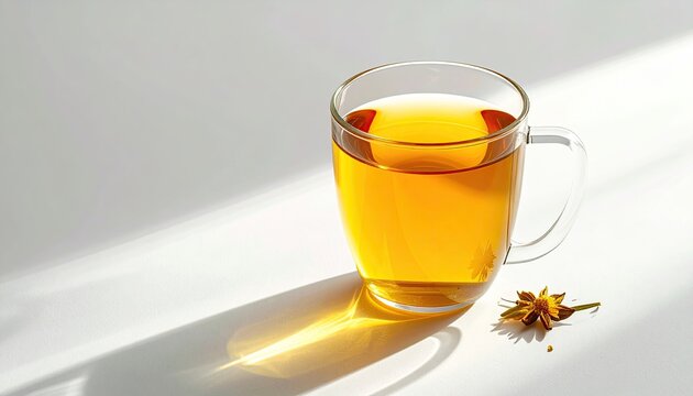 Glass mug filled with golden herbal tea casting a warm shadow on a textured white surface with scattered dried herbs