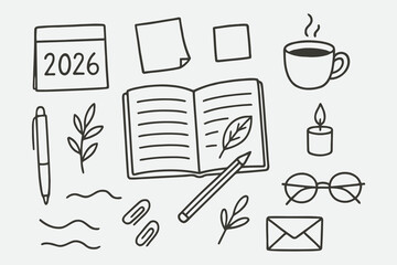 Mindful Journaling Tools 2026 — Hand Drawn Doodle Vector Illustration