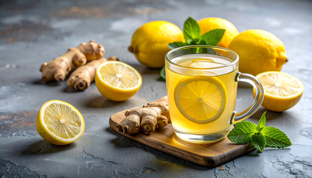 Fresh lemon ginger tea with ingredients on a wooden surface