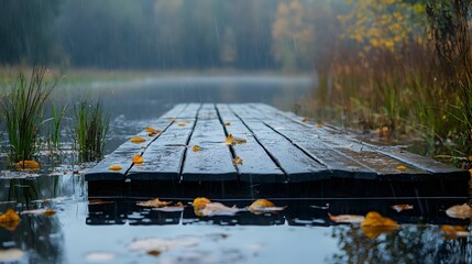 A wooden dock extends into a still lake, surrounded by fall foliage and rain.