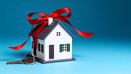 Miniature house with red ribbon and keys