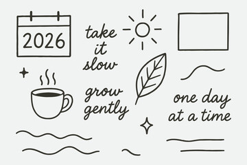 Minimal 2026 Calendar with Mindful Quote — Hand Drawn Vector Illustration