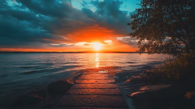 A wooden dock leads out into a calm lake with a vibrant sunset in the background. The sky is a mix of orange, pink, and blue with clouds, and the sun is reflecting off the water. - Powered by Adobe