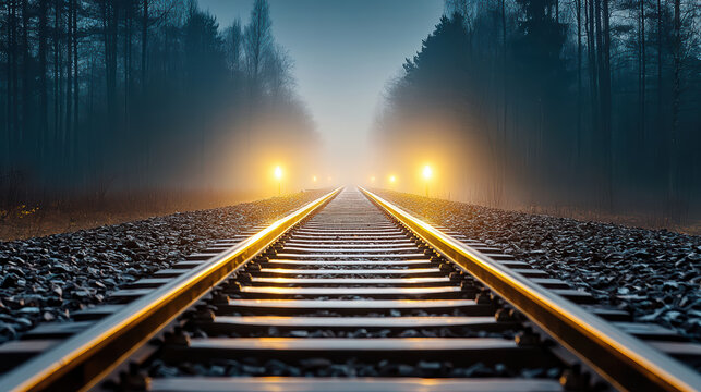 Misty train tracks illuminated by distant lights create tranquil atmosphere at night