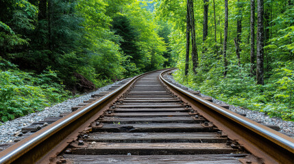 Obraz premium Curved train tracks surrounded by lush green trees create serene landscape